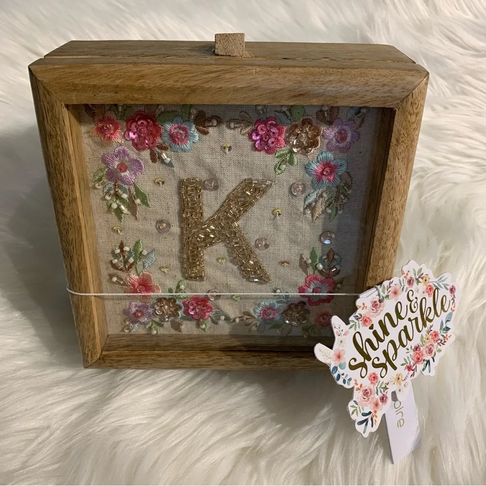 Jewelry Trinket Wood Box With Framed Detailed Embroidery Beading Letter “K” NWT